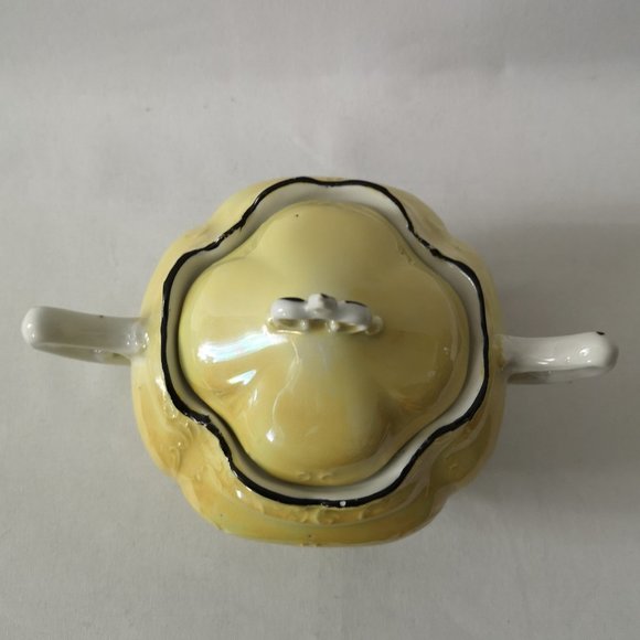 Vintage Yellow Lusterware Sugar or Condiment Bowl with Lid, Unique Design - Picture 2 of 3